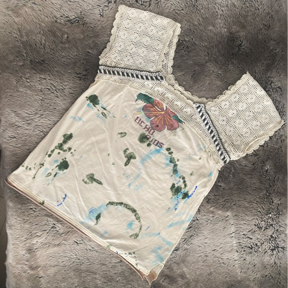 We The Free Cream and Green Crochet Accent Top